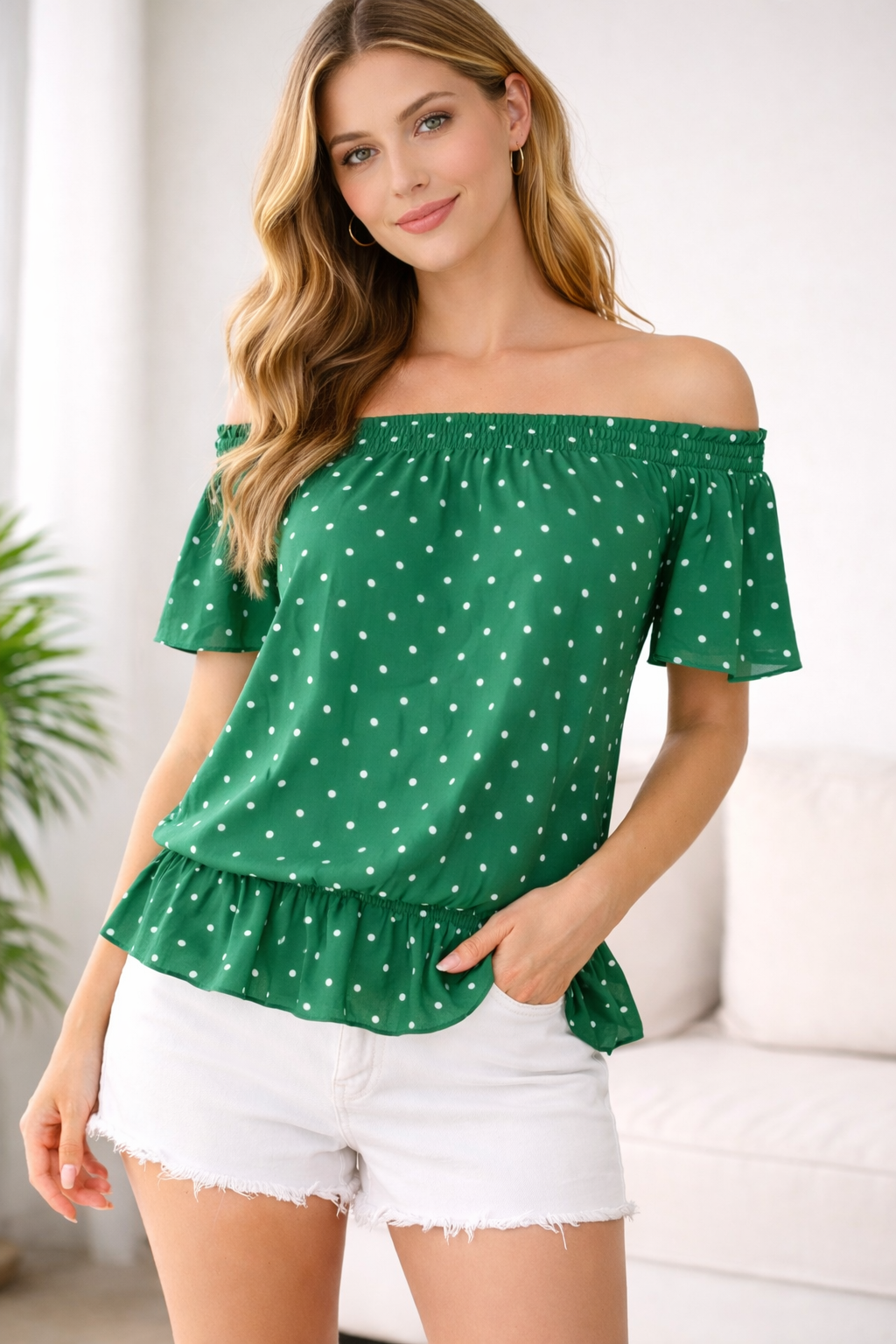 Smocked Off-the-Shoulder Polka Dot Blouse