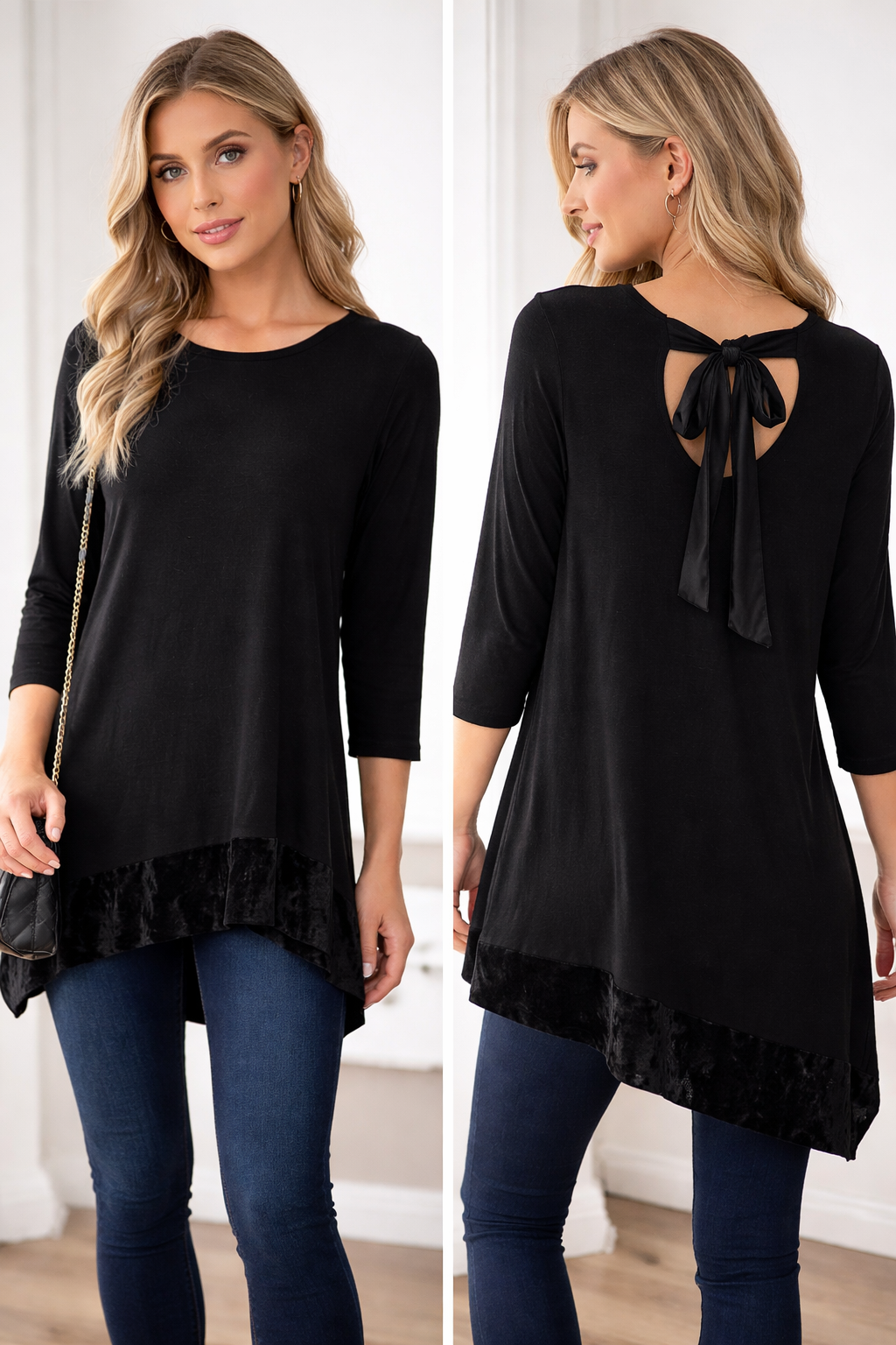 Knit Top w/Velvet Bow Accents 3/4 Sleeve Blouse